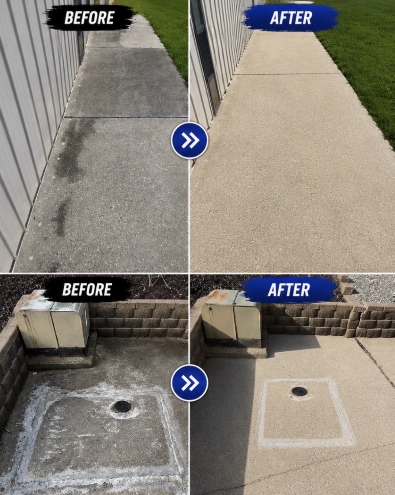 Before and after photos showing concrete walkways professionally cleaned