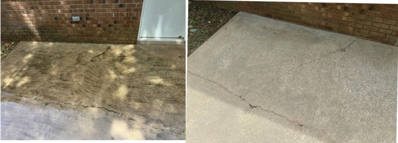 Before and after photos of a concrete pad cleaning beside a brick home